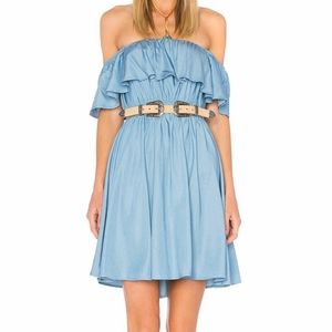 Lucy Paris Blue Tencel Chambray Off Shoulder Mini Dress